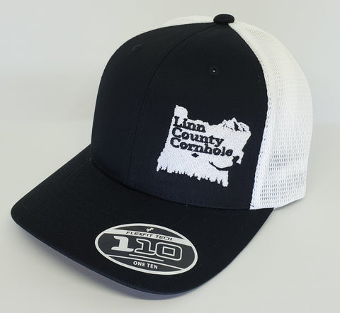 Linn County Cornhole Flexfit (Black/White) - 110 Mesh-Back Cap - 110M